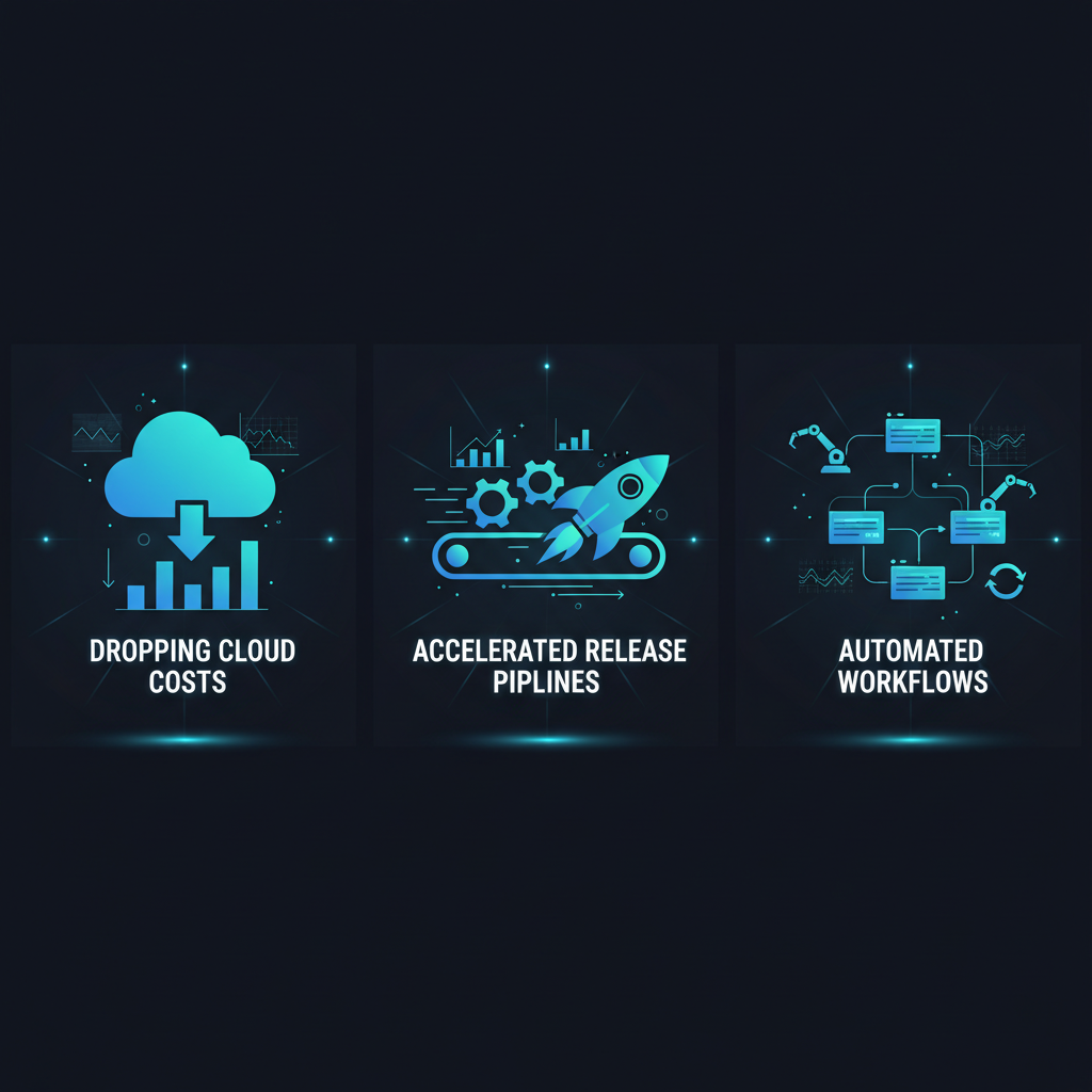 Infographic illustrating reduced cloud costs, faster releases, and automated workflows
