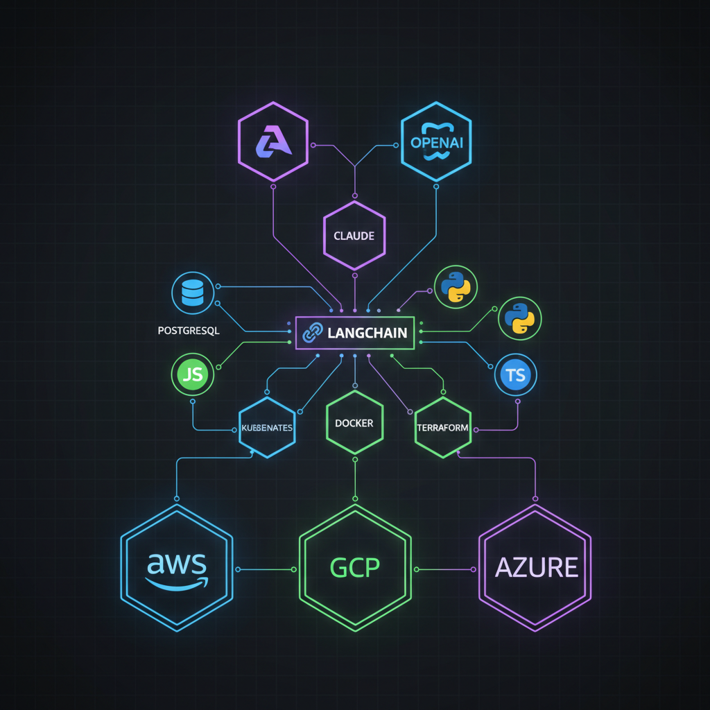 Network-style infographic of the ECOM Solutions technology stack